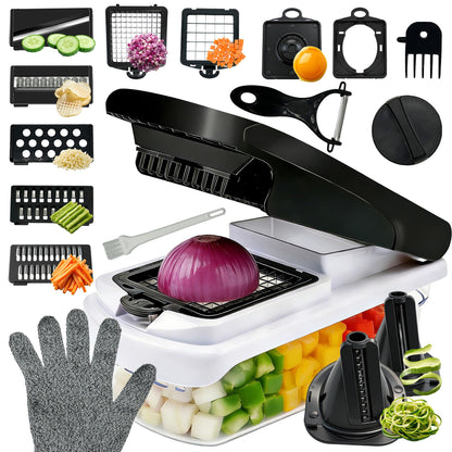 KISIQI Vegetable Chopper With Container 4.5" x 9", 17-in-1 Food Chopper with Onion Slicer & Potato Slicer, Built-in Storage Box for Kitchen Gadgets, Includes Safety Gloves & Peeler for Home Essentials