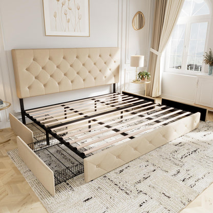 Allewie Upholstered King Size Platform Bed Frame with 4 Storage Drawers and Headboard, Diamond Stitched Button Tufted, Mattress Foundation with Wooden Slats Support, No Box Spring Needed, Beige