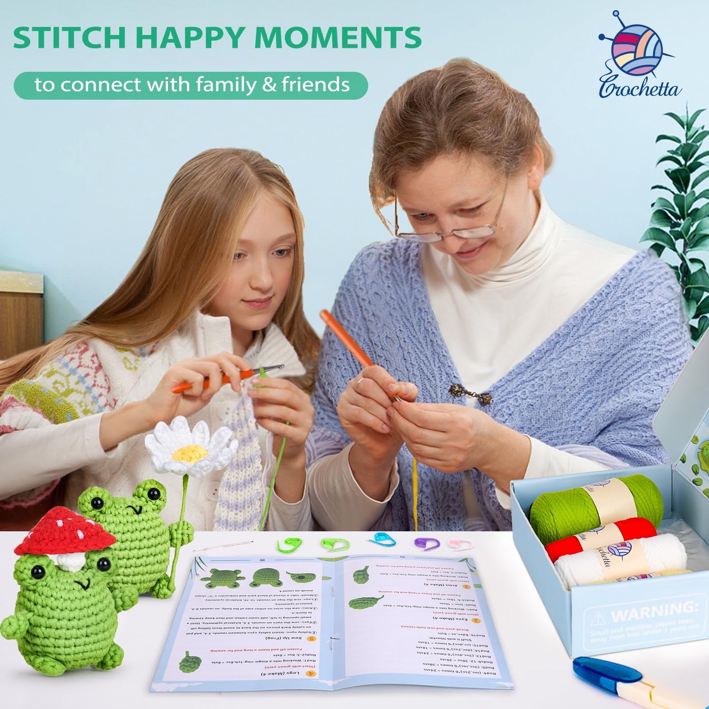 Crochetta Crochet Kit for Beginners, Beginner Crochet Animal Kits for Adults with Step-by-Step Video Tutorials, DIY Knitting & Crocheting Craft Hobbies Supplies, 2 Pack Frog Amigurumi(40%+ Yarn)
