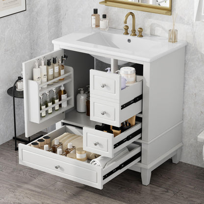 30" Bathroom Vanities with Ceramic Sink, Storage Cabinet with 3 Drawers and Door Shelf, Soft-Closing Door, Solid Wood Legs, White
