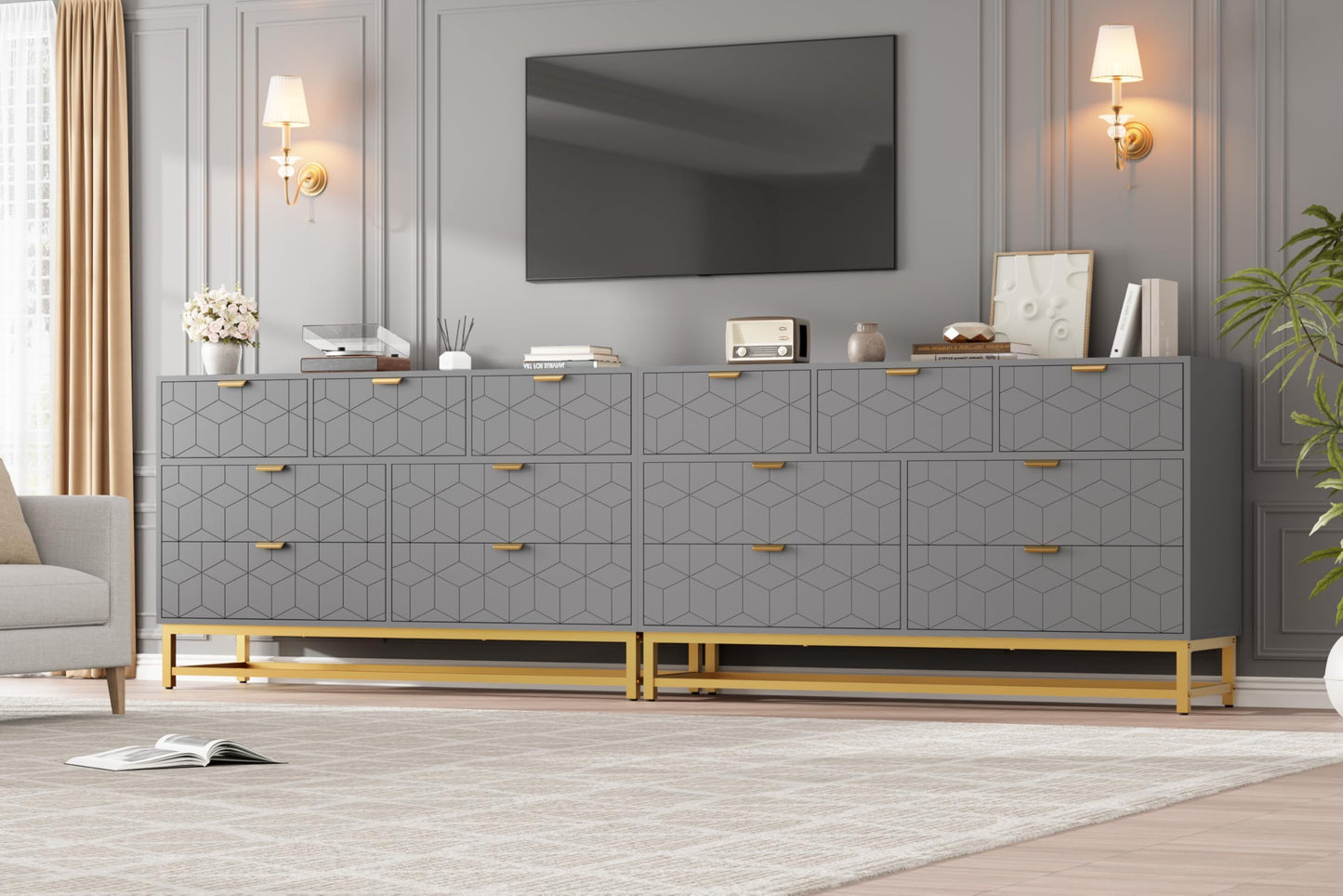 Dresser for Bedroom, 53.5" Wide Dresser Organizer, 7 Drawer with Golden Metal Handle and Legs, Modern Chest of Drawers for Closet, Hallway, Living Room, Entryway, Grey