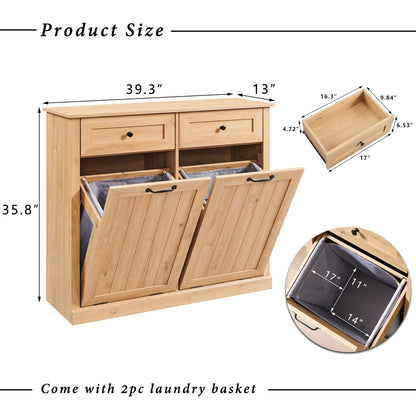 IFGET Double Tilt Out Trash Cabinet, 20 Gallon Farmhouse Laundry Hamper Cabinet with 2 Drawers, Hidden Wooden Trash Can Cabinets with Storage Basket for Kitchen, Living Room (Natural)