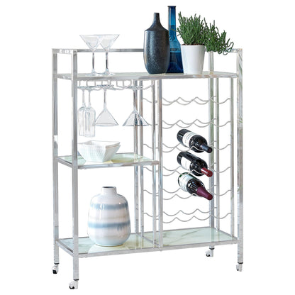 MAKLAINE Contemporary Metal Serving Cart, Chrome Finish, 3 Marble Pattern Glass Shelves, Stemware Racks, 24-Bottle Wine Holder, Casters for Mobility, Rectangular Bar Cart for Home Entertainment