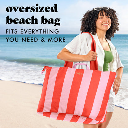 Fit & Fresh XL Beach Tote Bag for Women – Extra Large Travel Tote with Zipper & Pockets, Oversized Canvas Pool Bag, Weekender Carry-On for Beach, Travel & Family Essentials