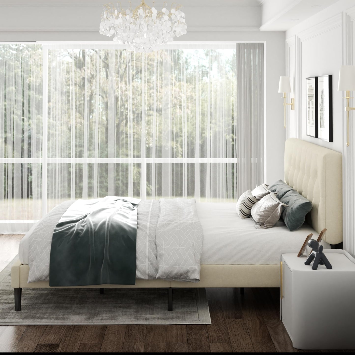 CXVX King Size Bed Frame with Upholstered Headboard, Button Tufted Design, Strong Wooden Slats, No Box Spring Needed, Easy Assembly, Noise Free