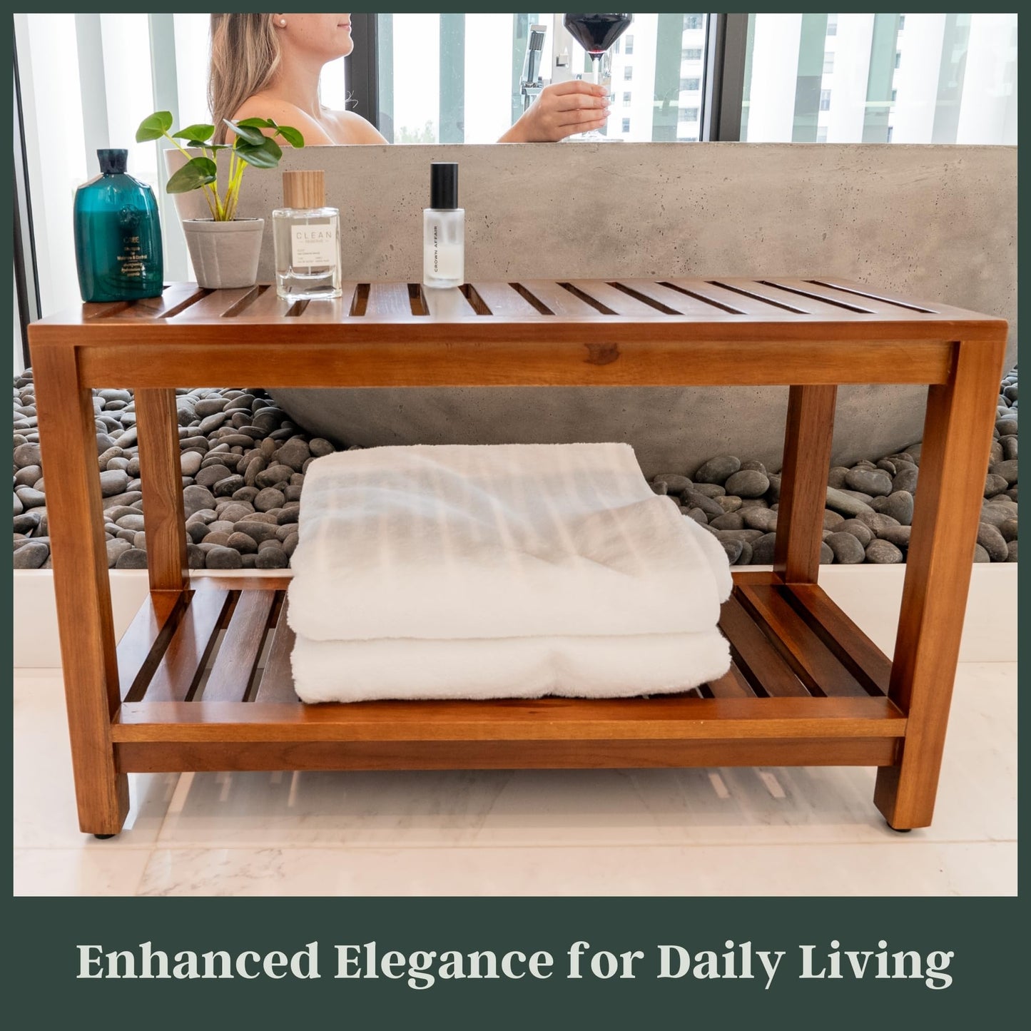 The Teaky Hut Teak Shower Bench 30 Inch – Fully Assembled Wooden Bench with Shelf, Water-Resistant, Non-Slip Adjustable Feet – Indoor Spa, Garden, or Bathroom Use