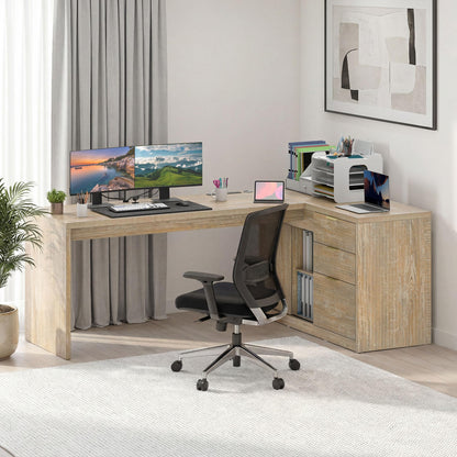 Meowloday 78'' Fluted Executive L Shaped Desk, Modern Home Office Desk with File Drawer and Charging Station, Computer Corner Desks with Storage Cabinet for Office Home, Bedroom, Natural Oak
