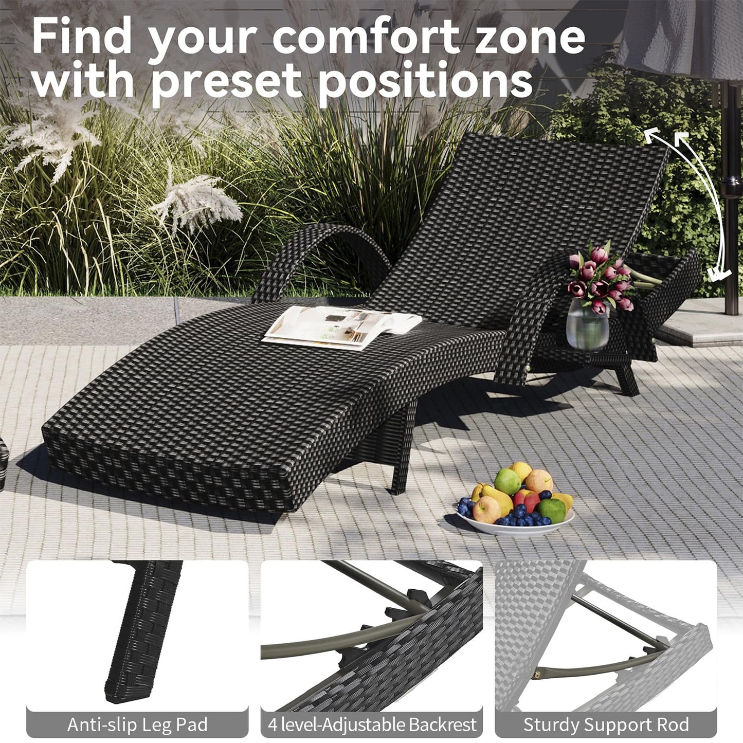 Yayzy 80'' Long Outdoor Wicker Chaise Lounge Chairs Set of 4, Patio Rattan Reclining Chair with Adjustable Backrest & Armrests, Durable PE Rattan Sunbathing Chairs for Pool, Garden, Backyard, Black