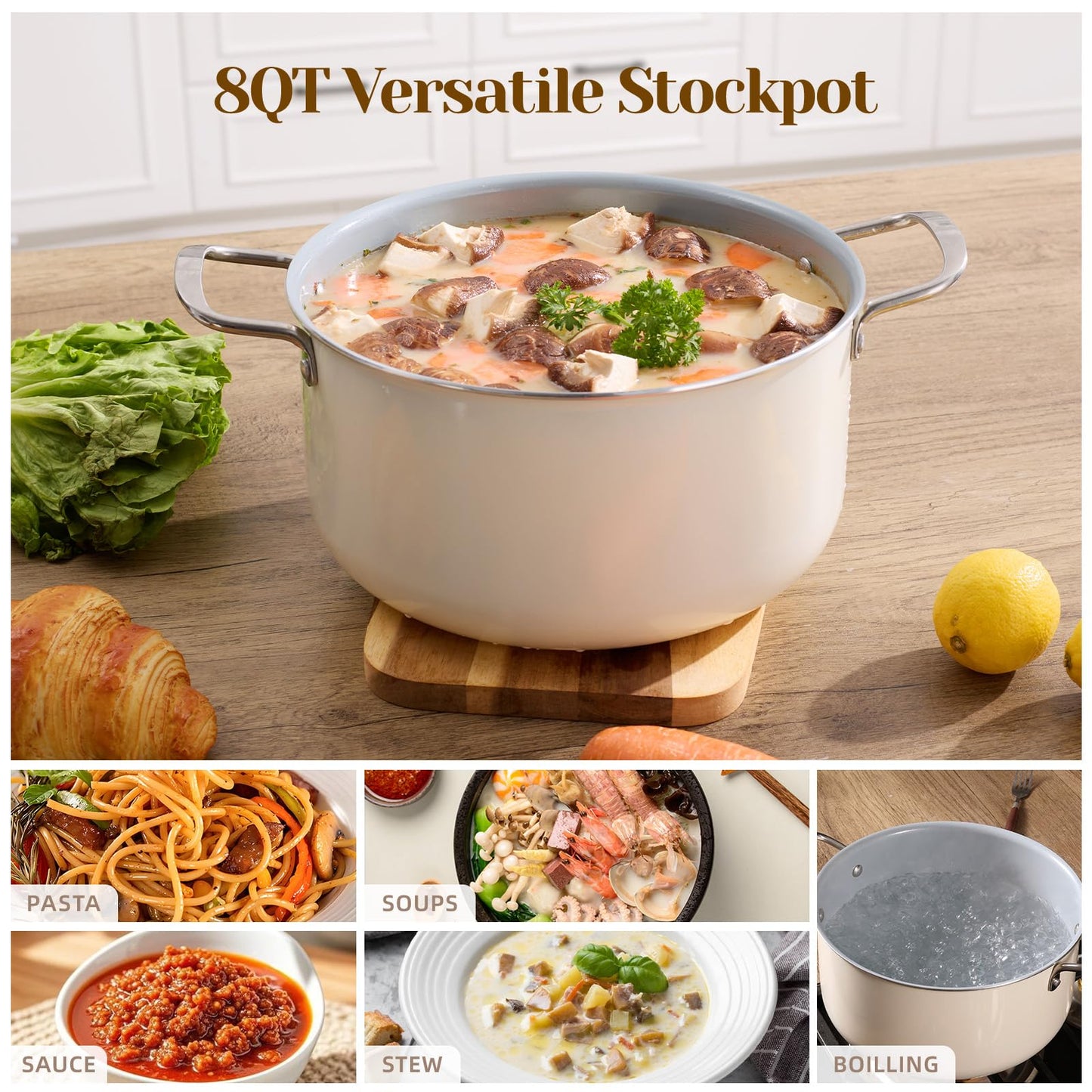 Ceramic Nonstick Stock Pot with Lid 8 QT Large Induction Cooking Pot with Stainless Steel Handles, Non Toxic Soup Pot for Stews, Oven & Dishwasher Safe, Cream White