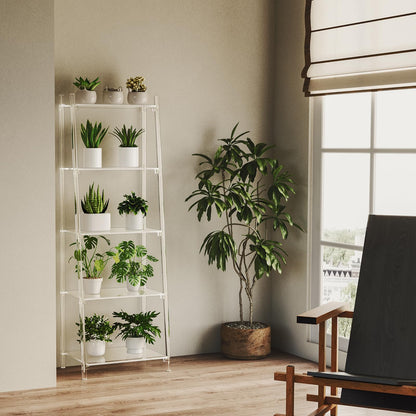 CRTERICX Acrylic Ladder Bookshelf, 13.8" D x 20.5" W x 59" H, 5-Tier Tall Clear Bookcase, Multifunctional Storage Book Shelf for Living Room, Bedroom, Office, Modern, Easy Assembly