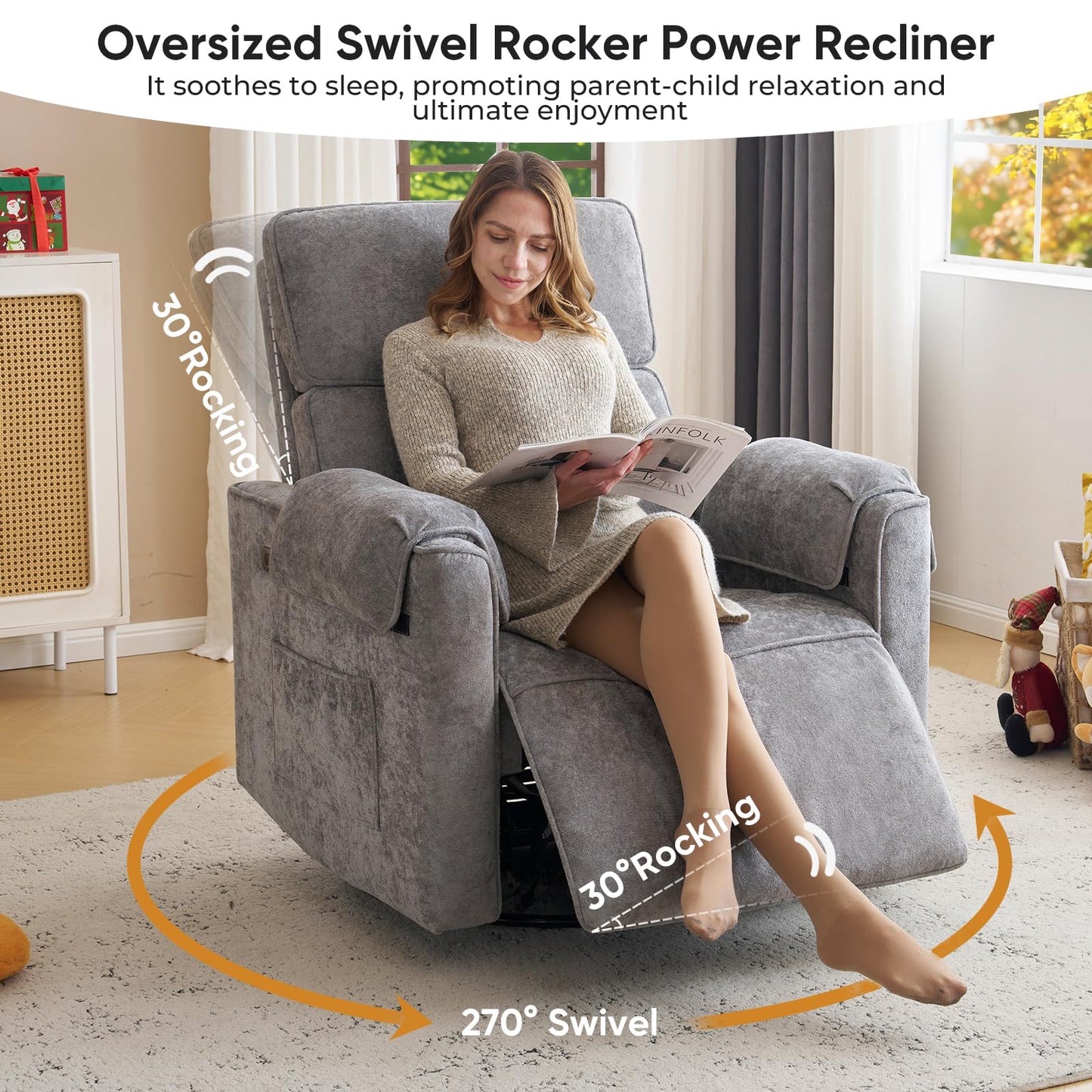 Rhevoy 24" Extra Wide Swivel Rocker Recliner Chair with Adjustable Headrest, Oversized Power Rocker Recliner with Overstuffed Armrest, Chenille Rocking Chair Nursery with USB Ports, Grey