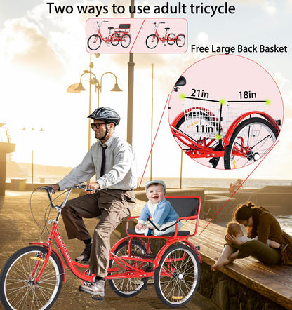 VHCLYBJU Adult Tricycle Foldable with Child seat 3 Wheel Bicycle for Ladies Tricycle with Basket with Back seat 20/24in Bikes Maximum Load 550lbs Shock Absorbing Fork Adult-Unisex (24in-7speed-red)
