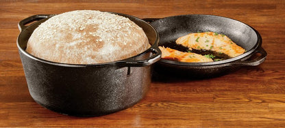 Lodge Cast Iron Double Dutch Oven 5 Quart - Pre-Seasoned 2-in-1 Cast Iron Cookware - Pot & Skillet Combo - Even Heat Retention - Oven-Safe, Versatile Pot