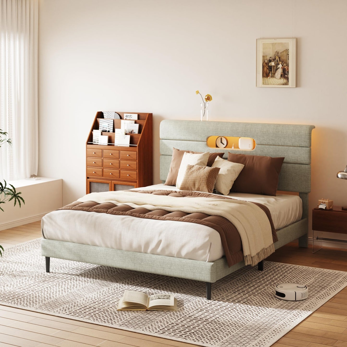Sismplly Full Bed Frame with Linen Headboard, Platform Bed Frame with Upholstered Headboard, Mattress Foundation, No Box Spring Required, Easy Assembly, Light Green
