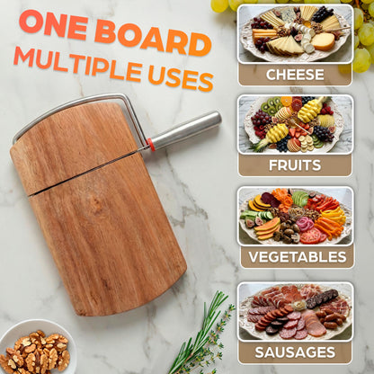 Manual Cheese Slicer for Block Cheese with Stainless Steel Blade & Locking Design - Multipurpose Wood Cheese Cutter Board 8.35x9.17x0.94 in for Slicing Butter, Vegetables, Fruits, Snacks & Deli Foods