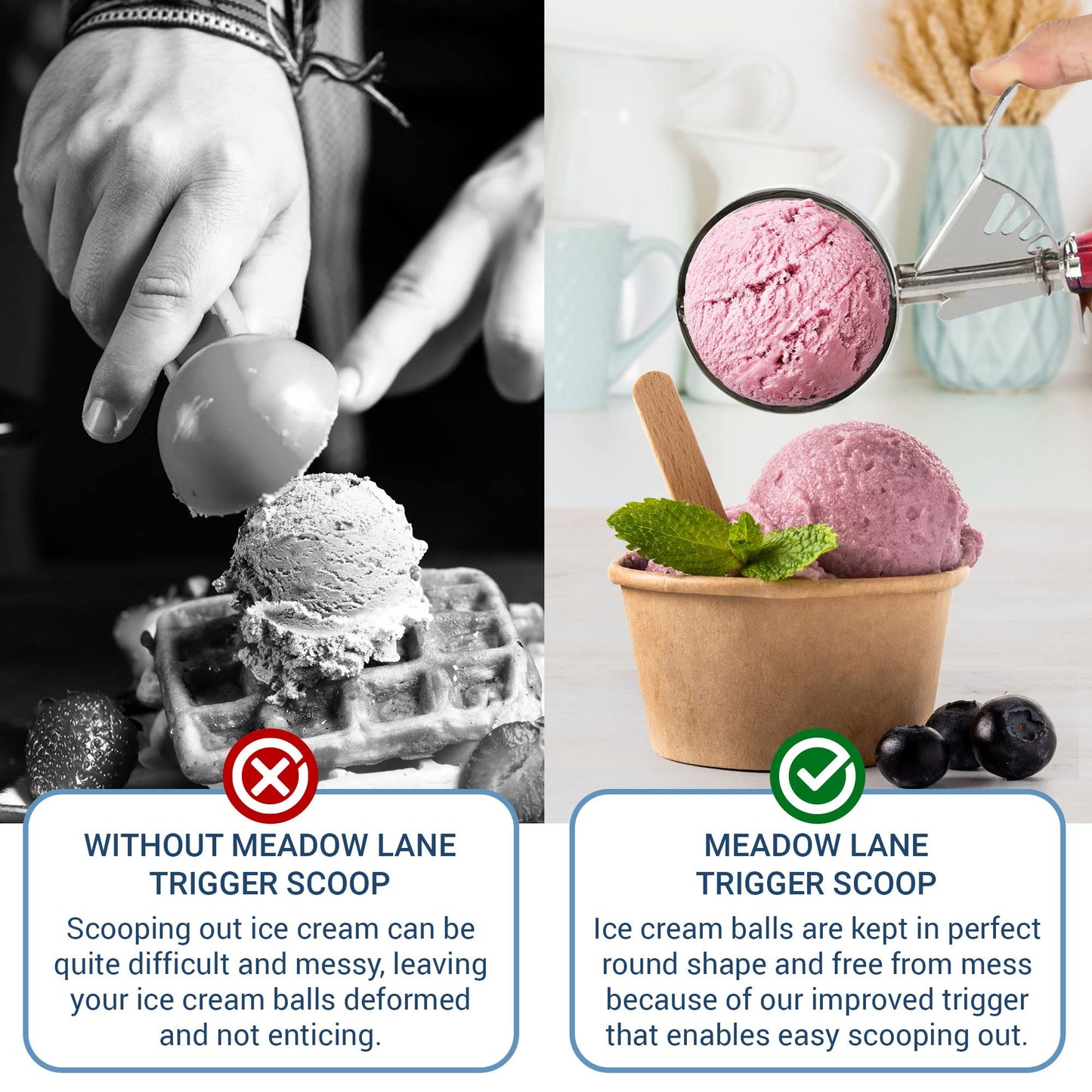 Meadow Lane Trigger Scoop - #24 Size (2-in Diameter) 2.7 Tbsp Capacity, Stainless Steel, Portion Control, Ice-cream & Cookie Dough Scoop, Red and Blue, 2-Pack