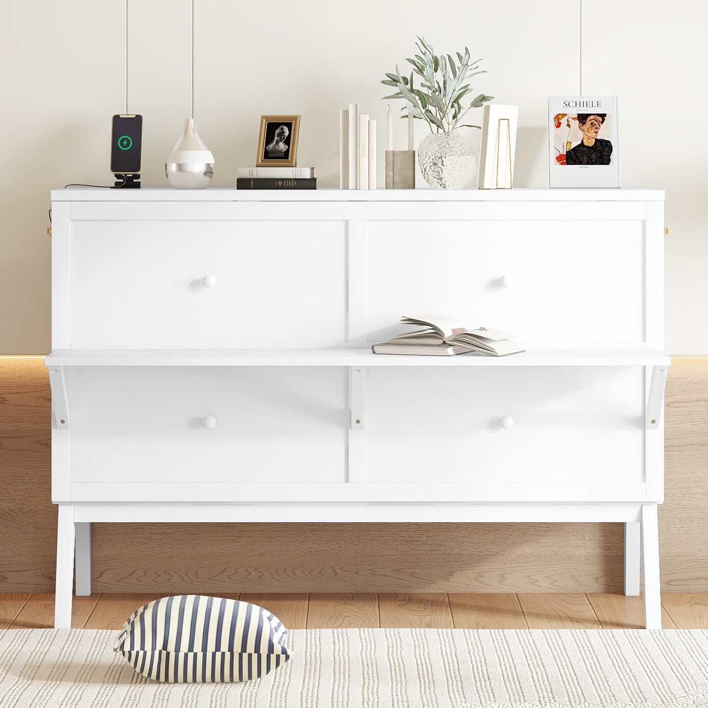 Ball & Cast Murphy Bed Full W/Desk & 2 Removable Shelves,Cabinet Bed W/ 2 USB Port & Power Outlets,Hidden Foldable Wall Bed Frame for Home Office,Apartment,Guest Room,White