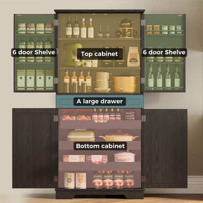IRONCK Farmhouse Pantry Cabinet, 72" Tall Kitchen Storage Cabinet, Freestanding Cupboard with Sliding Rack & 6 Hanging Shelves,Kitchen Pantry Furniture for Dining Room, Easy Assembly, White