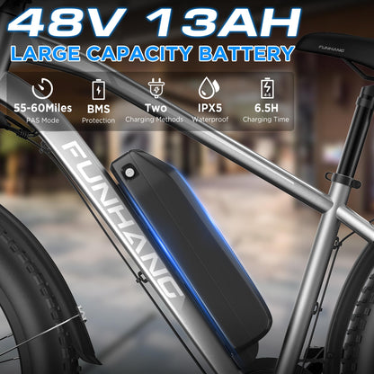 Funhang Electric Bike for Adults, 1000W Peak Ebike, 20MPH 60Miles Electric Mountain Bike, 26" Fat Tire Electric Bicycle with 48V 13AH Battery, Front Suspension,7 Speed, Rear Rack, UL 2849 Certified