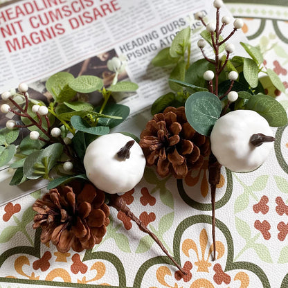 Adurself 12PCS Greenery Stems Artificial Eucalyptus Leaves Fall Picks with White Pumpkin Pinecones for Wedding Table Decor Autumn Thanksgiving Day Flower Arrangements Wreaths Indoor Outdoor Home Decor
