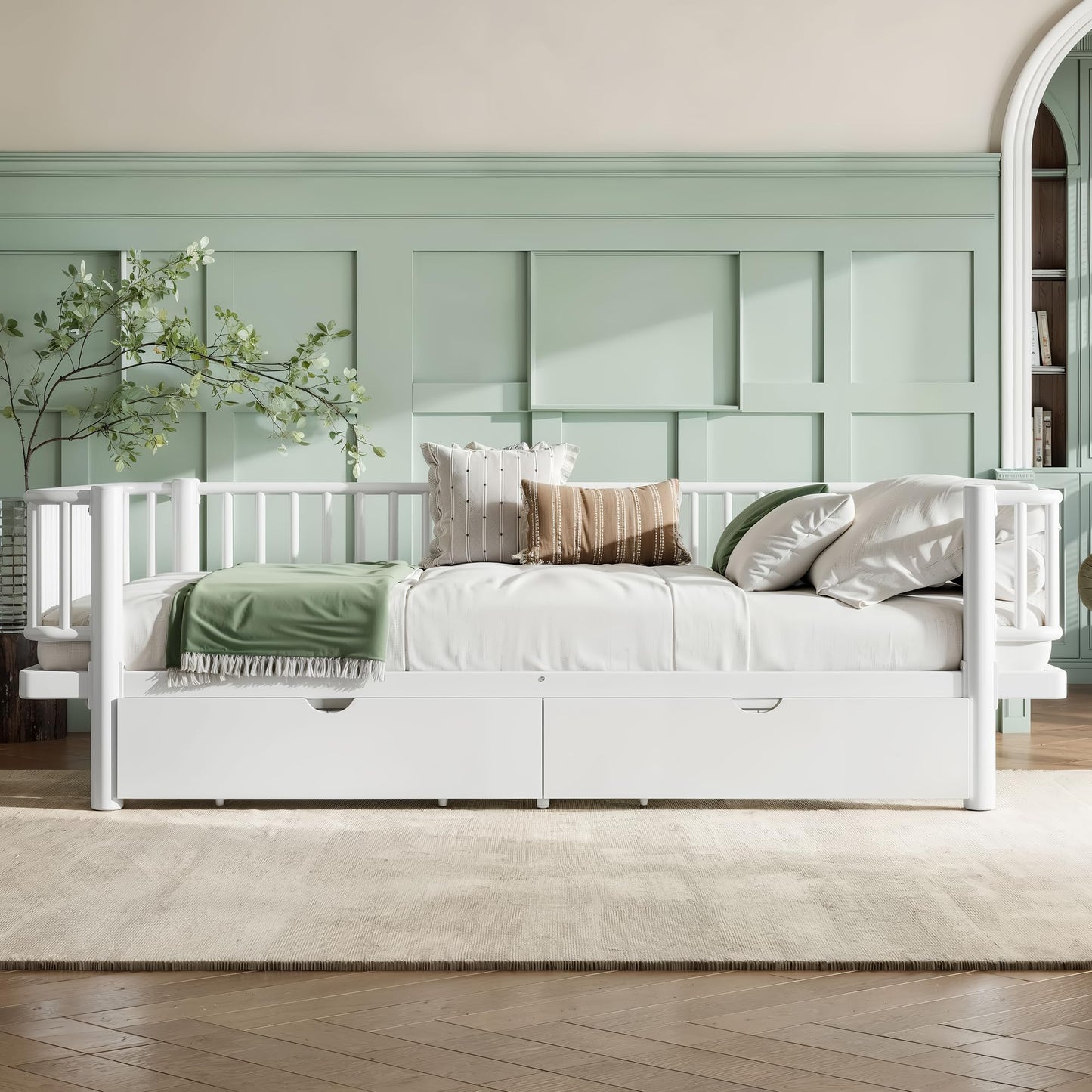 KEIKI Queen Size Metal Platform Bed Frame with 2 Storage Drawers, Modern Daybed with Strong Metal Slats & Upgraded Safety Round-Pipe Design, No Box Spring Needed, Easy Assembly, for Bedroom, White
