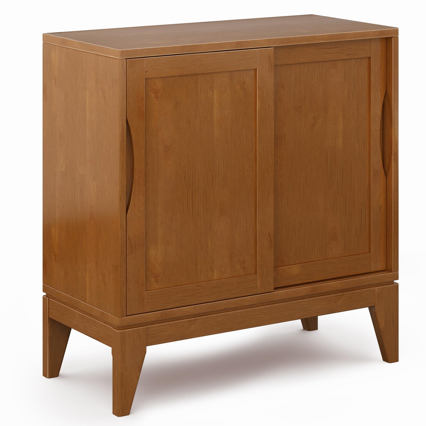 SIMPLIHOME Harper Storage Cabinet - 30 inch Wide Solid Hardwood 2-Shelf Low Console Cabinet in Teak Brown, Mid-Century Modern Cupboard for Living Room with Sliding Doors and Adjustable Shelves