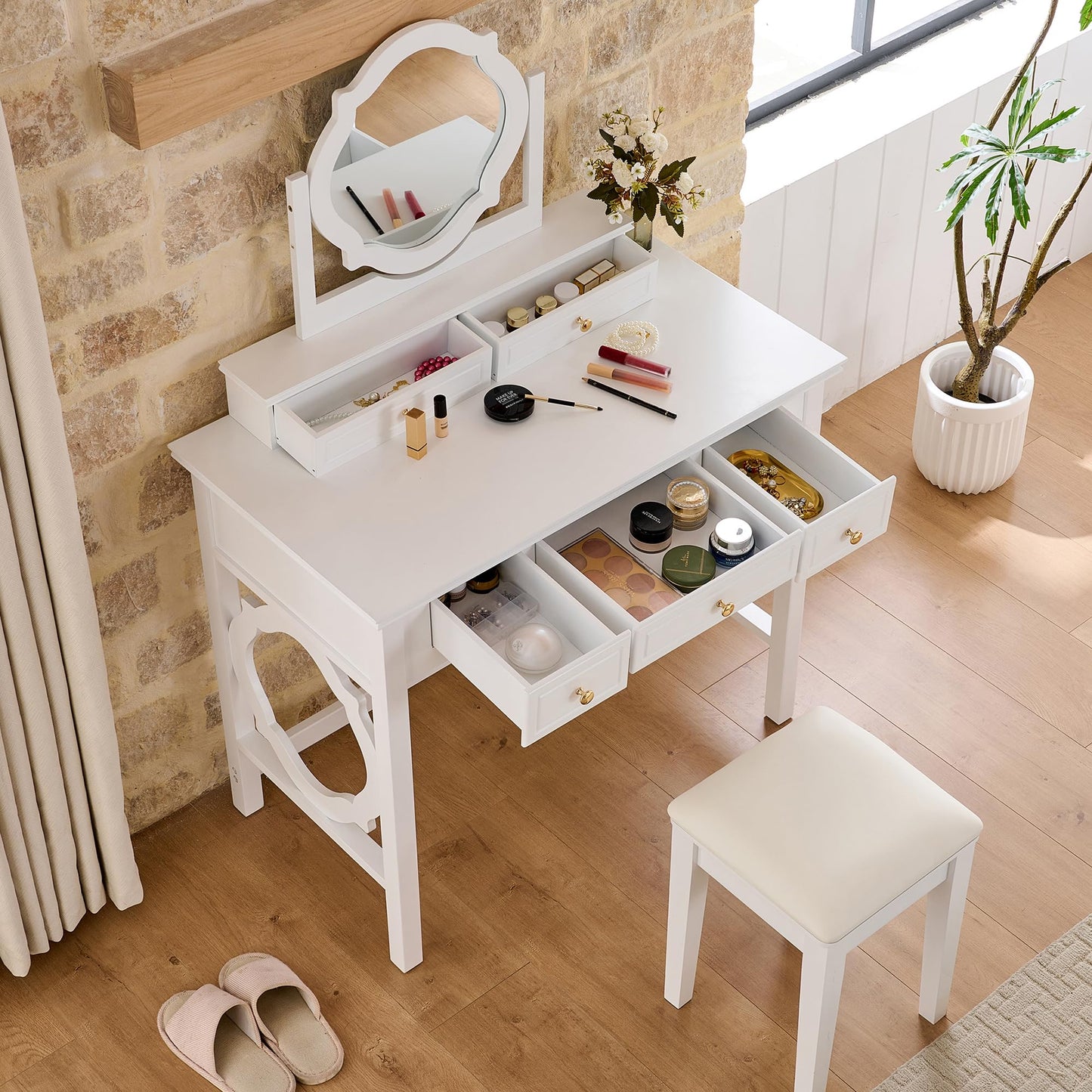 Merax 35.5 Inch Vanity Desk with Reversible Mirror, Compact White Makeup Vanity Table Set with 5 Storage Drawers & Chair, Modern Small Exquisite Dressing Table for Women Girls Bedroom Dorm
