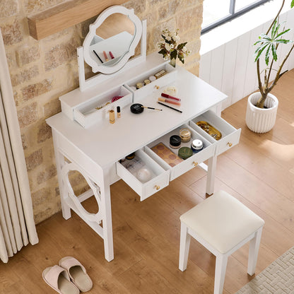 Merax 35.5 Inch Vanity Desk with Reversible Mirror, Compact White Makeup Vanity Table Set with 5 Storage Drawers & Chair, Modern Small Exquisite Dressing Table for Women Girls Bedroom Dorm