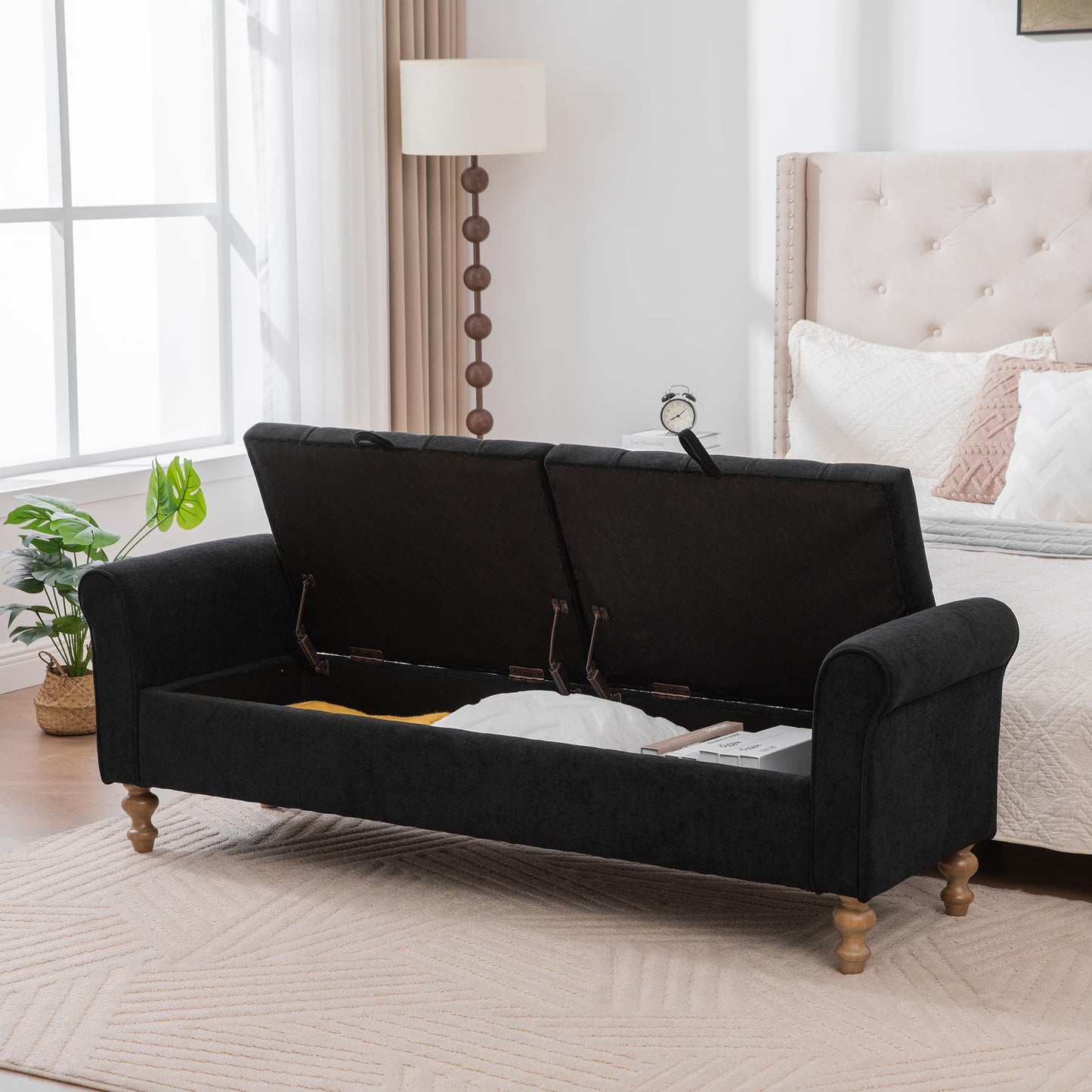 KEIKI 65.7" Modern Upholstered Storage Bench with Double Lids, Ottoman with Storage, Ottoman Bench with Rolled Armrest, Rubberwood Legs, for Bedroom, Living Room, Entryway & Window, Black