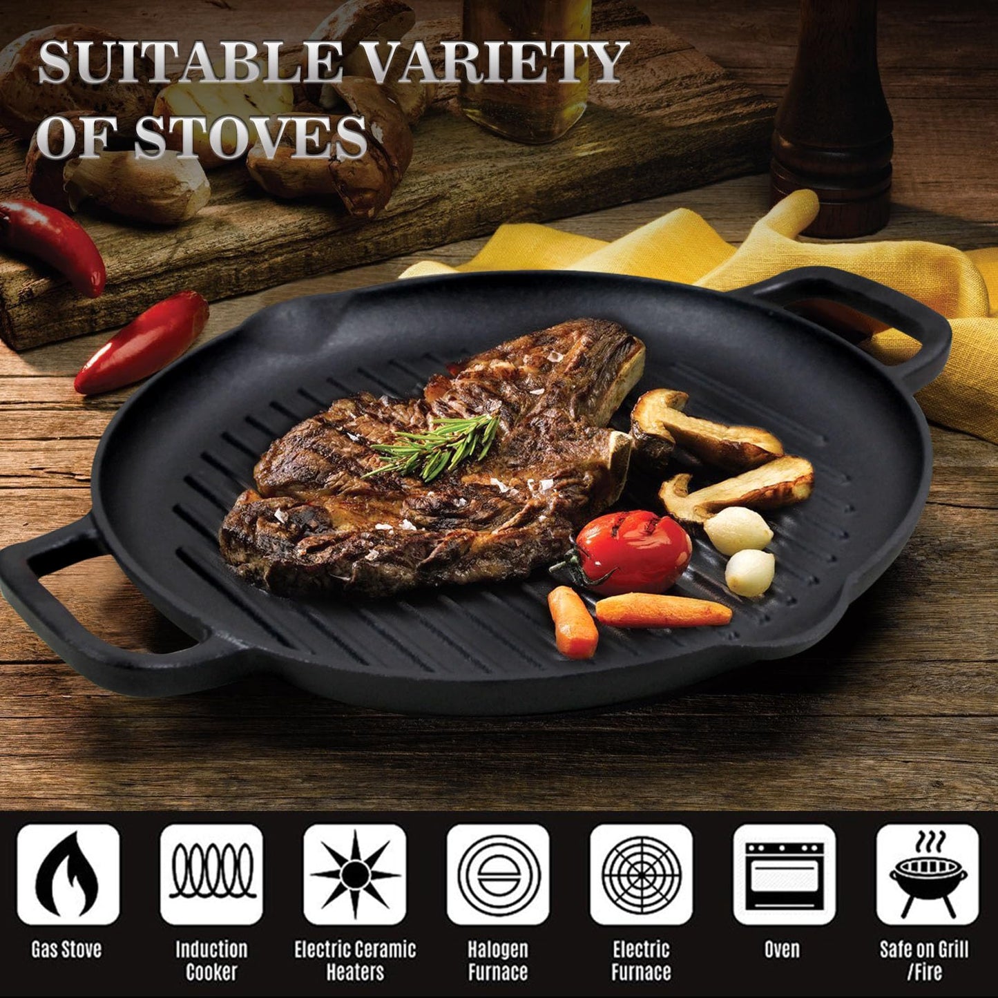 Cast Iron Grill Pan, 12.6 inch Griddle Pan with Dual Handles, Pre-Seasoned Heavy-Duty Cast Iron Skillet for Stovetop, Oven, Indoor & Outdoor BBQ Use