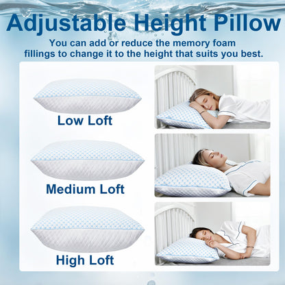 XWZO Cooling Pillow for Sleeping Queen Size Set of 1, Shredded Memory Foam Pillows Adjustable Gel Bed Pillows for Side Back Stomach Sleepers with Washable Removable Cover