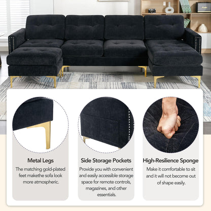 P PURLOVE Velvet Modern Large Sectional Sofa, U Shape Upholstered Couch with Chaise, Convertible Sofa Couch with Movable Ottoman for Living Room Apartment (Black)