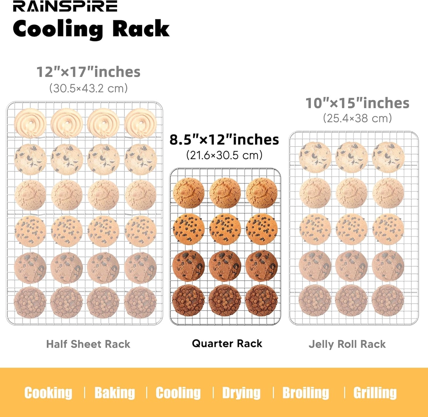 Rainspire Cooling Rack - Heavy Duty Stainless Steel Baking Rack | Oven Safe, Fits Quarter Sheet Pan, 8.5" x 12", 2-Pack