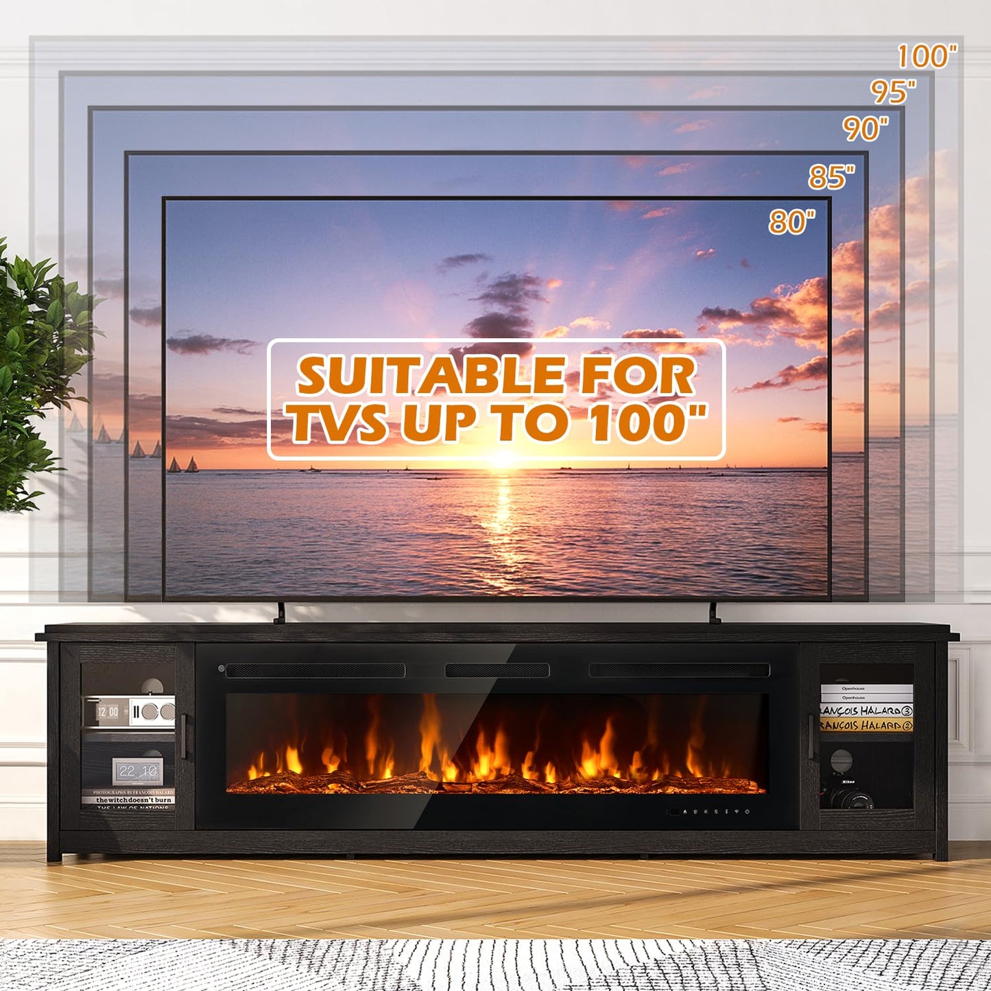 MXV 90" Fireplace TV Stand, Modern Entertainment Center with 60 Inch Electric Fireplace, Adjustable Shelf & Glass Door, Fire Place TV Console for Living Room, Black