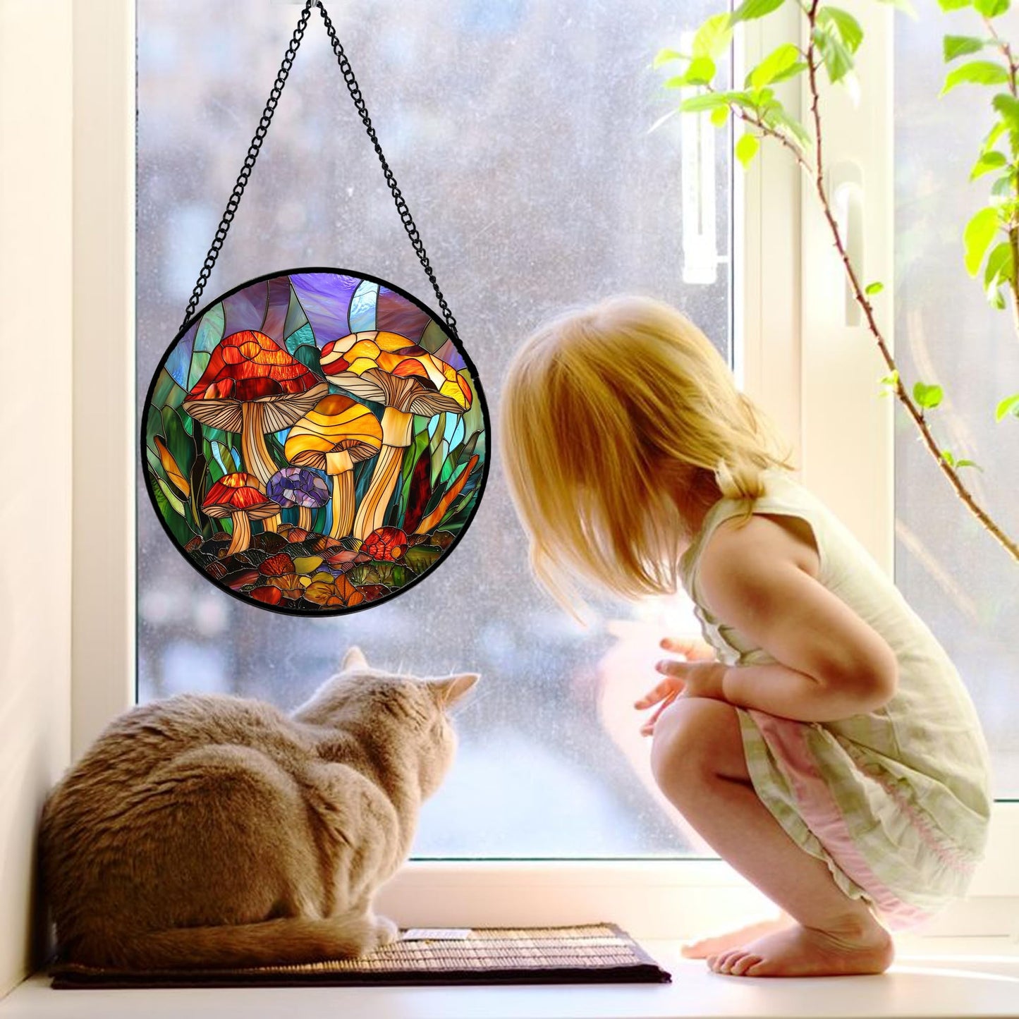 DASTOLL Stained Glass Window Hanging, Jungle Mushrooms Sun Catchers Diamond Glass Panel Hangings Plant Suncatcher Decor for Birthday for Women, Men, Wife, Aunt, and Mom 7.8 in