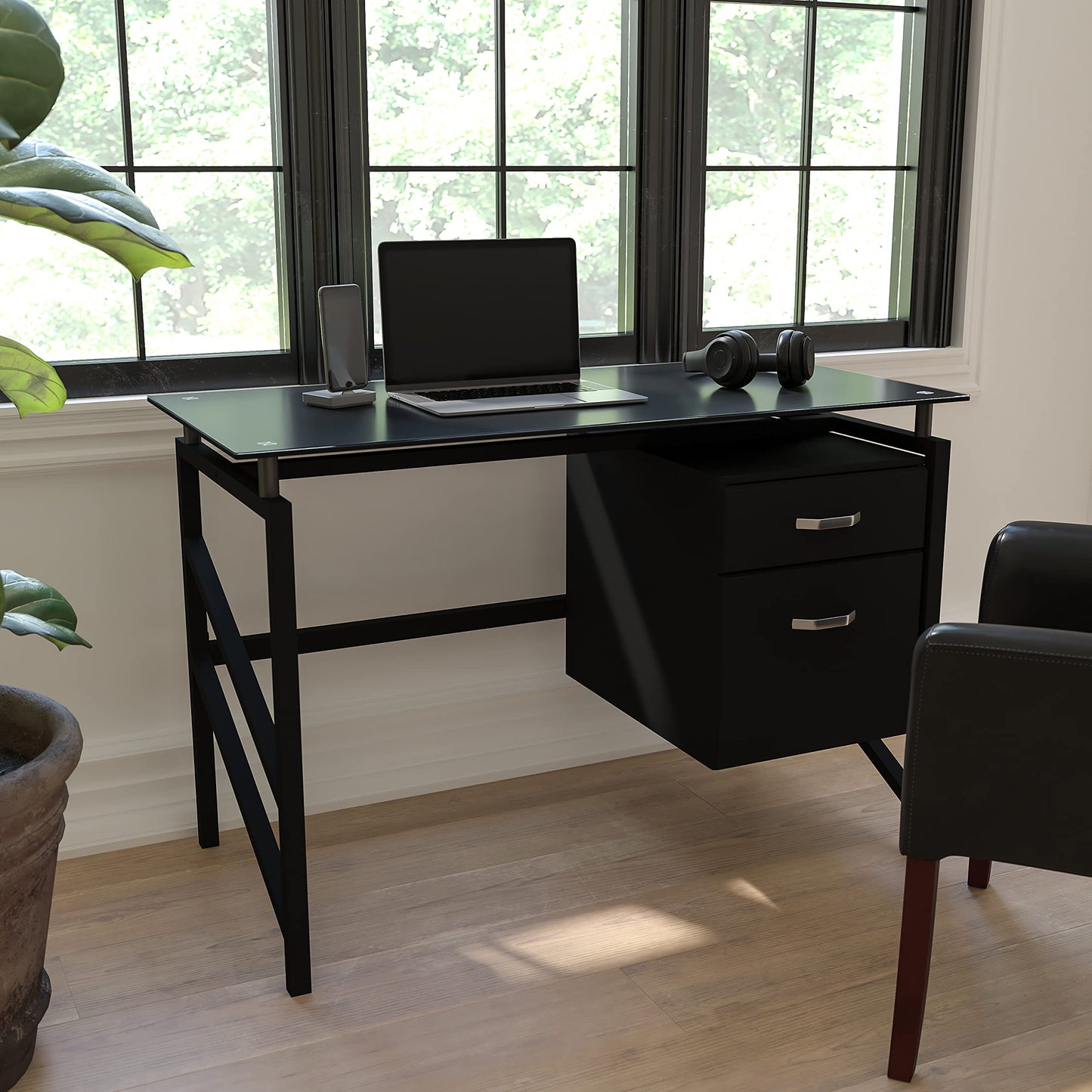 Flash Furniture Singleton Glass Desk with Two Drawer Pedestal,Black