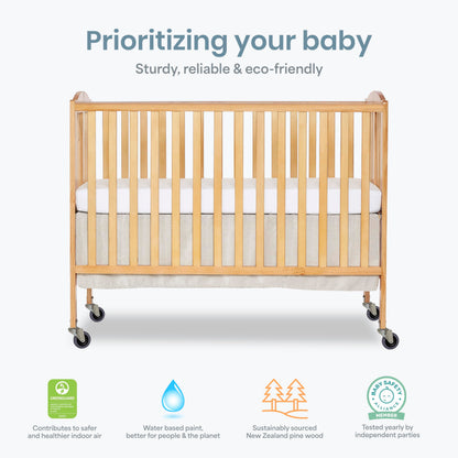 Dream On Me Folding Full Size Convenience Baby Crib with Durable Metal Wheels, Portable Space-Saving Design, 2 Adjustable Heights, Easy Fold Flat Storage, GREENGUARD Gold & BSA Certified, Natural