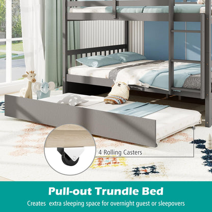 Giantex Full Over Full Bunk Bed with Trundle, Solid Wood Trundle Bed Frame w/Guardrails and Ladder, Convertible to 2 Beds, Full Size Bunk Beds for Adults Kids Teens, No Box Spring Needed, Grey