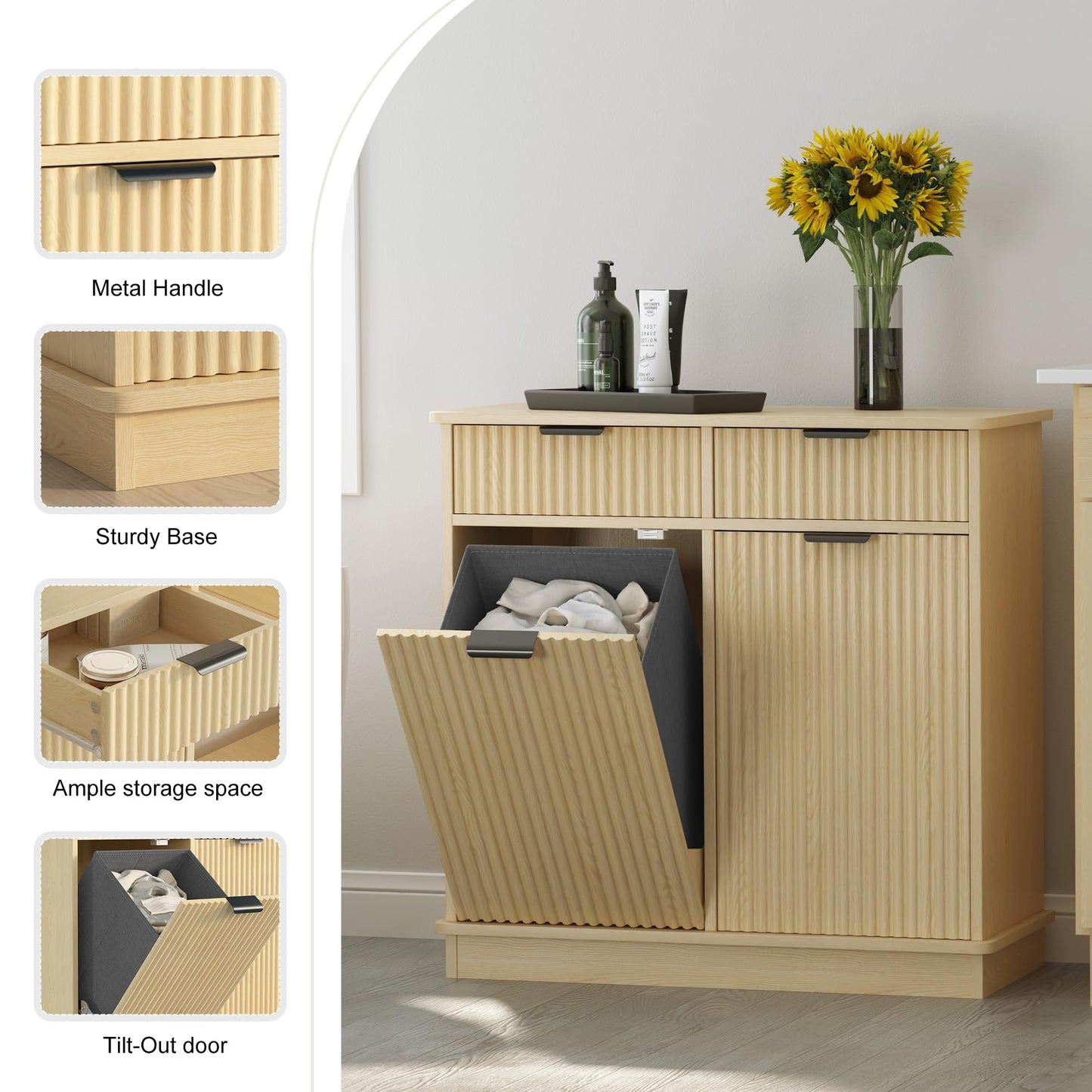 Mepplzian Natural Double Tilt Out Laundry Hamper Cabinet Laundry Basket Cabinet Hidden Laundry Hamper with 2 Drawers & 2 Baskets for Bathroom Bedroom,30x30x16in