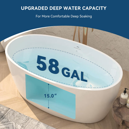 FerdY Tahiti 55" Acrylic Freestanding Bathtub, Elegant Oval Shape Soaking Bathtub, Glossy White, Brushed Nickel Drain & Integrated Slotted Overflow Assembly Included cUPC Certified