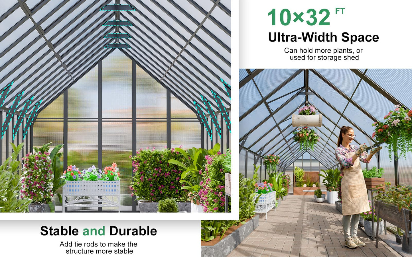 CDCASA 10x32 FT Greenhouse for Outdoors,Large Easy Assembly Thicker Aluminum Polycarbonate Greenhouses w/7 Windows, Double Doors, Walk-in Green House for Outside,Patio,Backyard,Garden