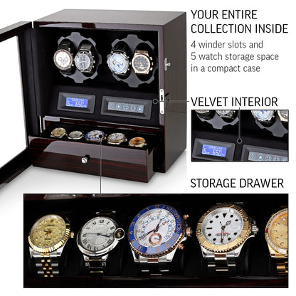 4 Watch Winder with 5 Watch Storage Space, LCD Display, Touch Control and Interior Light (Ebony + Black Velvet)