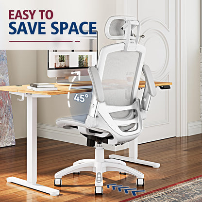 GABRYLLY Ergonomic Office Chair, High Back Home Desk Chair with Headrest, Flip-Up Arms, 90-120° Tilt Lock and Wide Cushion, 300LBS Mesh Chairs for Man Woman, White Task Chair(Grey,GY01WG)