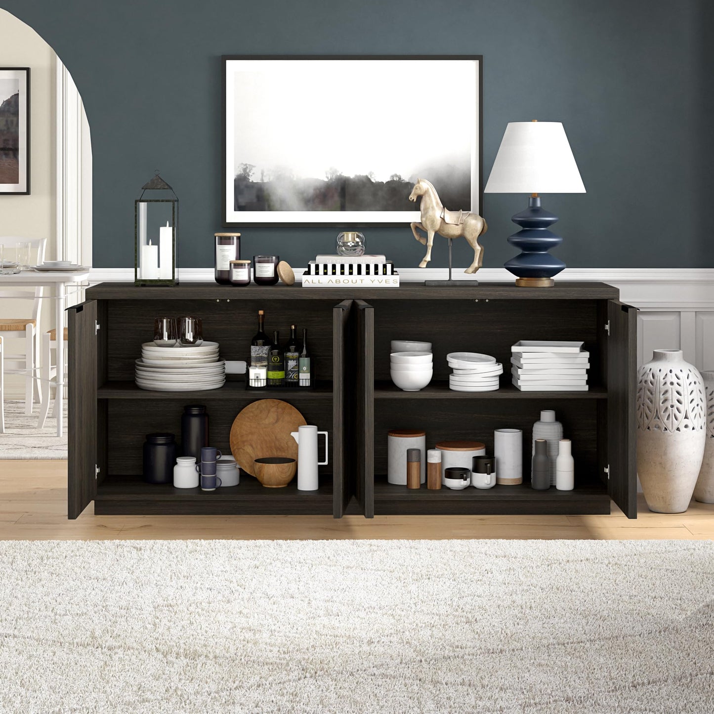 Henn&Hart 68" Fluted Sideboard Buffet Cabinet, Ribbed Wooden Credenza with 4 Doors, Adjustable Shelves, and Cable Management Cut-Outs for Dining Room, Kitchen, Living Room or Entryway, Rich Brown