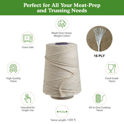 Regency Wraps Butchers Cooking Twine, Heavy Duty, 1200 ft,16 Ply, 2.4mm, Food-Safe Cotton Kitchen String for Turkey Trussing, Meat Prep, Crafting, Natural, Pack of 1