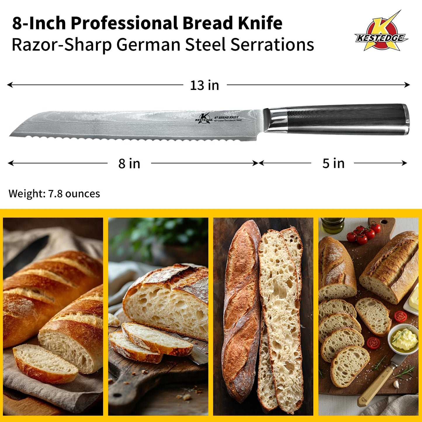KESTEDGE 8-Inch Serrated Bread Knife - Damascus Japanese VG-10 High Carbon Steel - Professional Sourdough Knife for Homemade Bread, Cake & Artisan Loaves