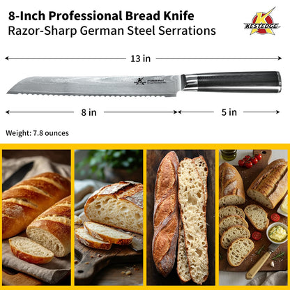 KESTEDGE 8-Inch Serrated Bread Knife - Damascus Japanese VG-10 High Carbon Steel - Professional Sourdough Knife for Homemade Bread, Cake & Artisan Loaves