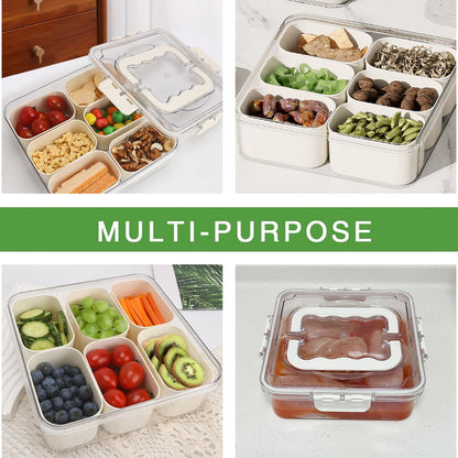 Divided Serving Tray with Lid and Handle, Portable Snack Box Container, 6 Compartments Veggie Fruit Snackle Tray, Charcuterie Platter Container for Party, Nuts, Snacks, Picnic,2 Pack, MEDIUM SIZE