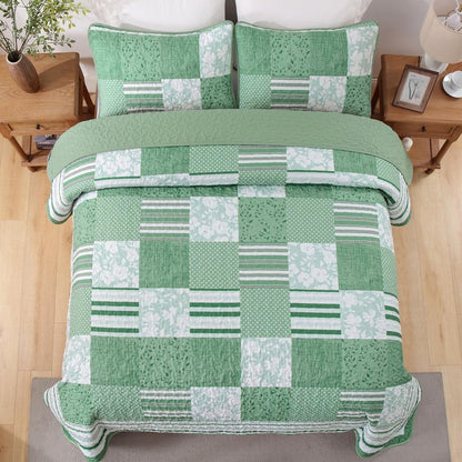 Drucon Green Patchwork Queen Quilt Bedding Set, Spring Summer Plaid Bedspreads, 3 Pieces Lightweight Soft Coverlet with 2 Pillow Shams for All Season 96x90 Inch