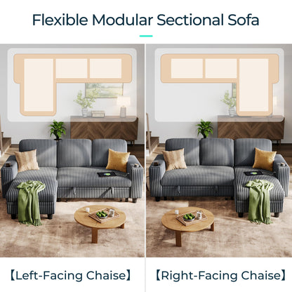LINSY Home Sleeper Sofa Couch with Storage Chaise & USB Charging, Convertible Sectional Pull Out Sofa Bed with Plush Corduroy Fabric, Modular Sectional Couches for Living Room Apartment (Grey)
